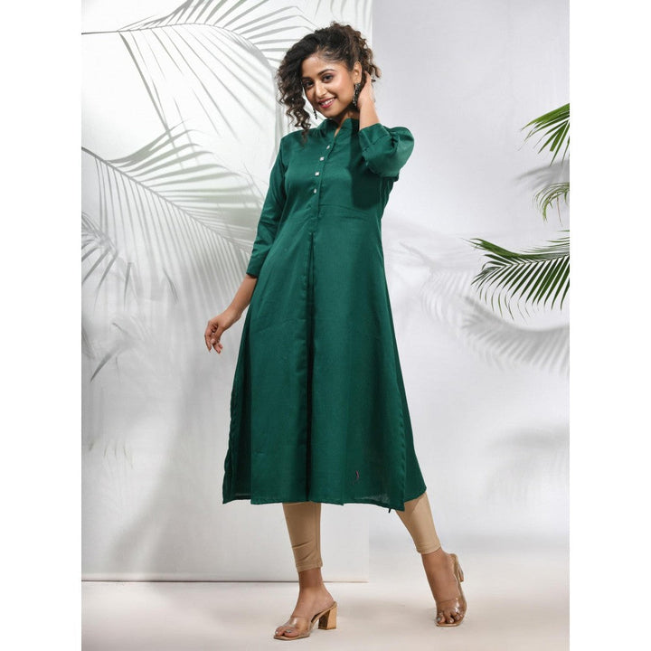 CHARUKRITI Green Solid Cotton A-Line Kurta