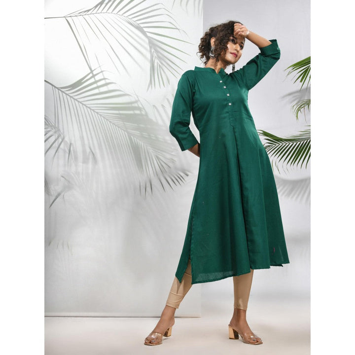 CHARUKRITI Green Solid Cotton A-Line Kurta