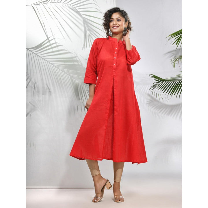 CHARUKRITI Red Solid Cotton A-Line Kurta