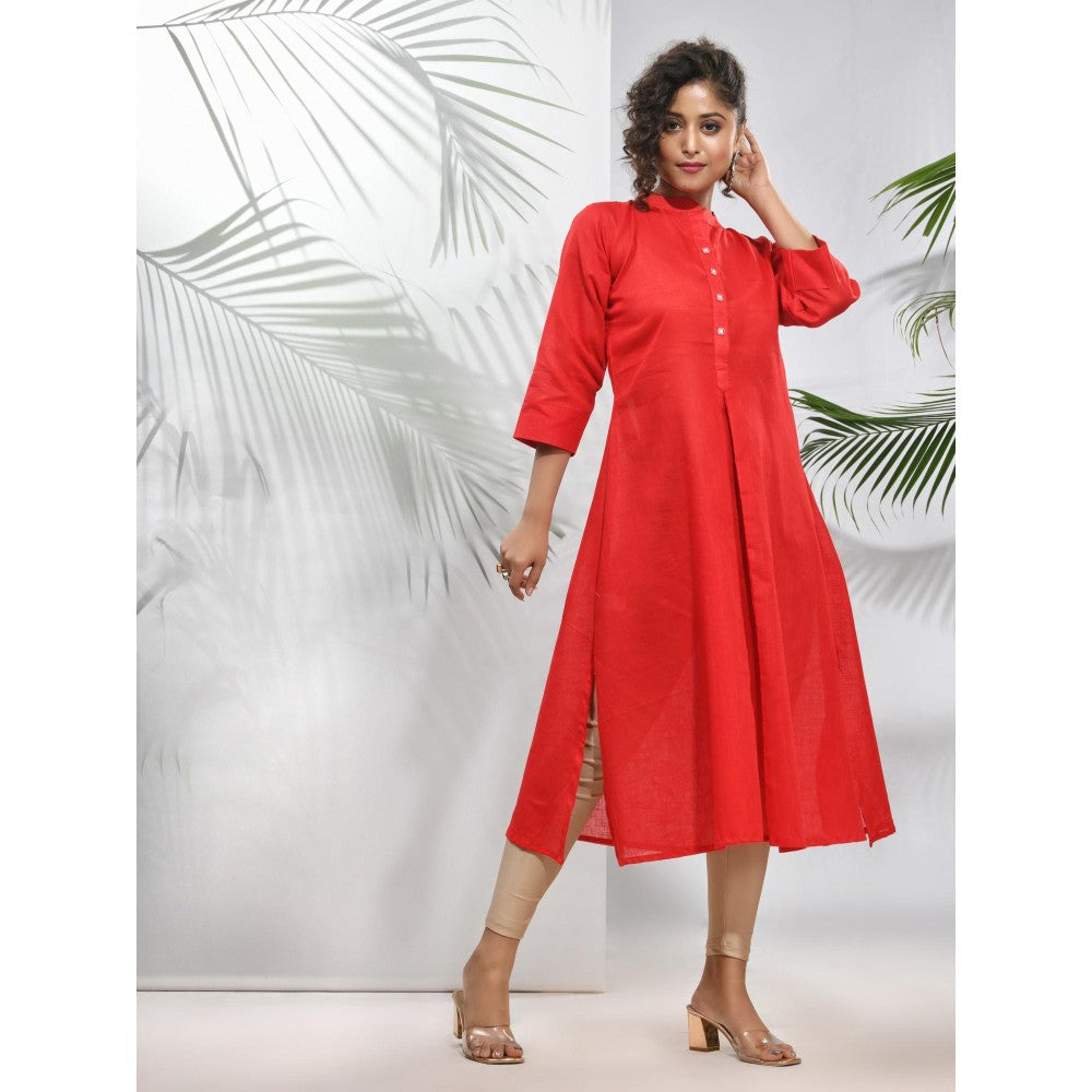 CHARUKRITI Red Solid Cotton A-Line Kurta