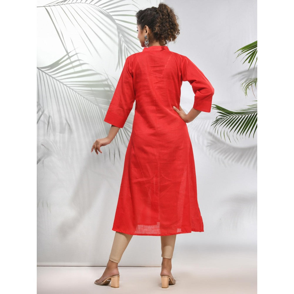 CHARUKRITI Red Solid Cotton A-Line Kurta