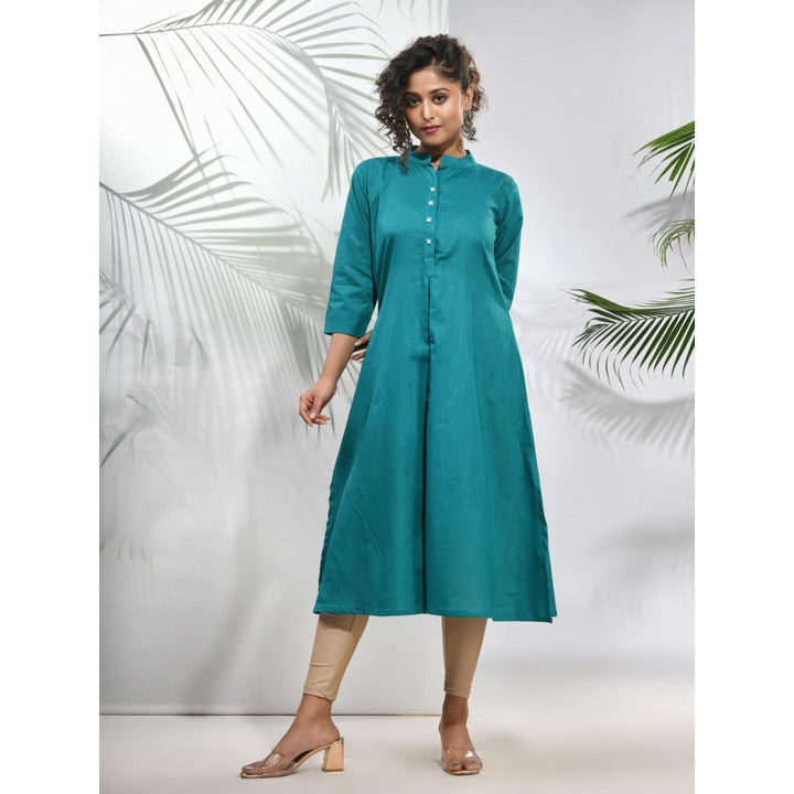 CHARUKRITI Teal Solid Cotton A-Line Kurta