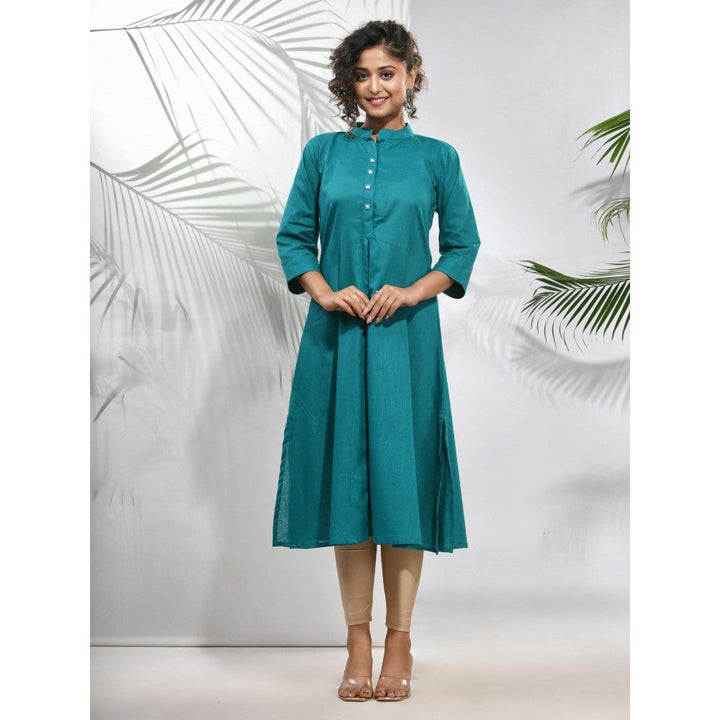 CHARUKRITI Teal Solid Cotton A-Line Kurta