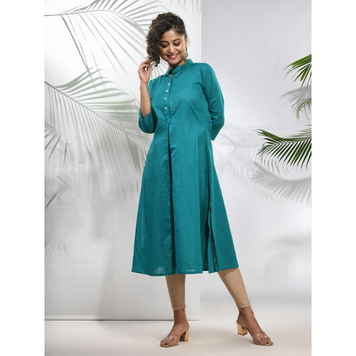 CHARUKRITI Teal Solid Cotton A-Line Kurta