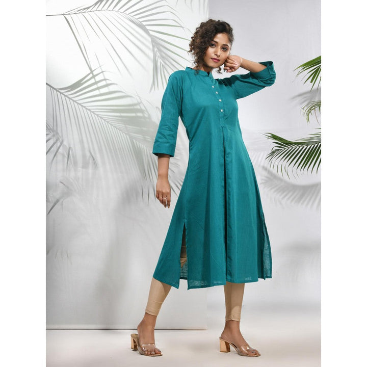 CHARUKRITI Teal Solid Cotton A-Line Kurta