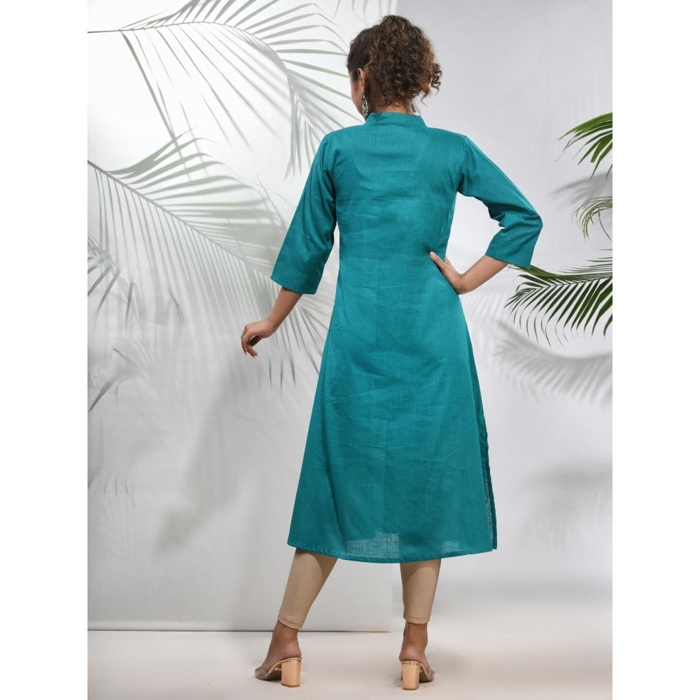 CHARUKRITI Teal Solid Cotton A-Line Kurta