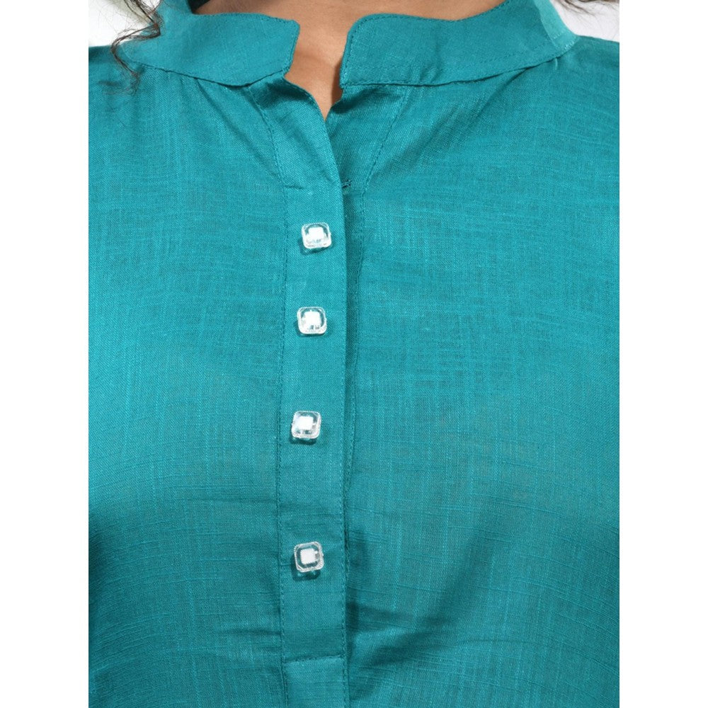 CHARUKRITI Teal Solid Cotton A-Line Kurta