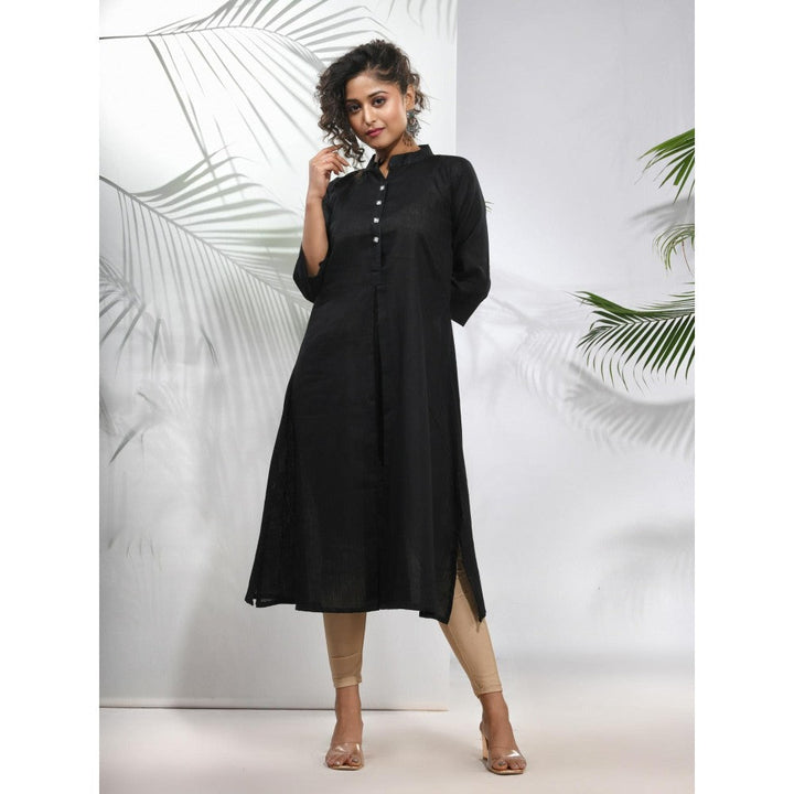 CHARUKRITI Black Solid Cotton A-Line Kurta