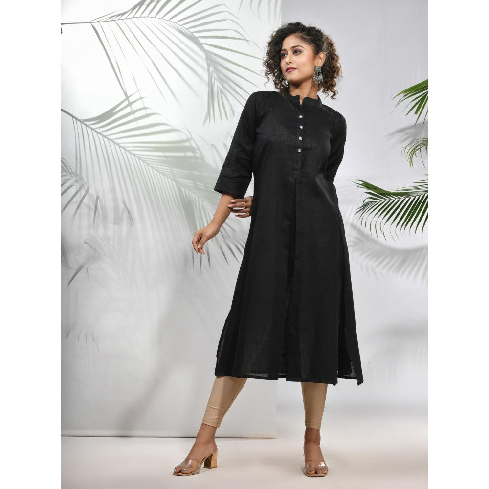 CHARUKRITI Black Solid Cotton A-Line Kurta