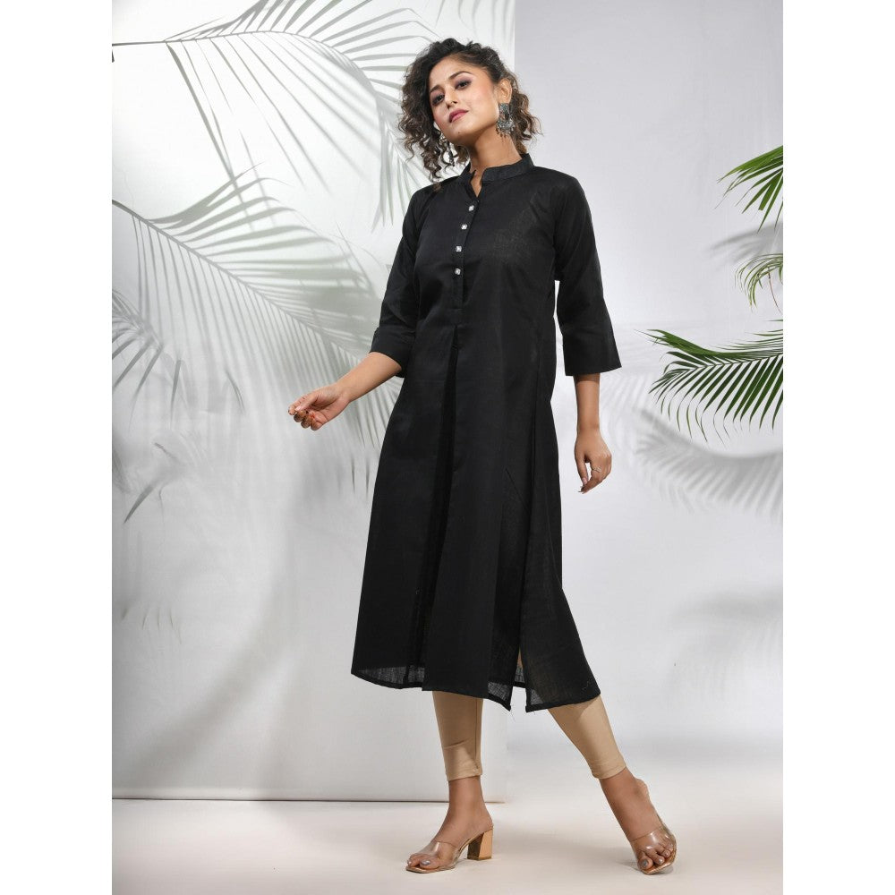 CHARUKRITI Black Solid Cotton A-Line Kurta