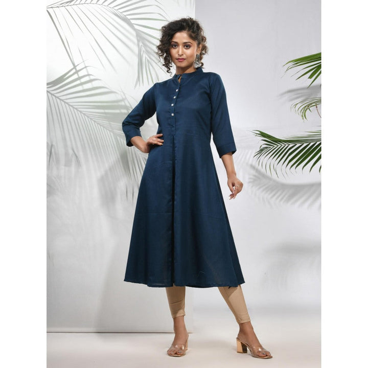 CHARUKRITI Navy Blue Solid Cotton A-Line Kurta