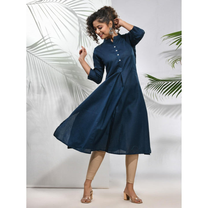 CHARUKRITI Navy Blue Solid Cotton A-Line Kurta