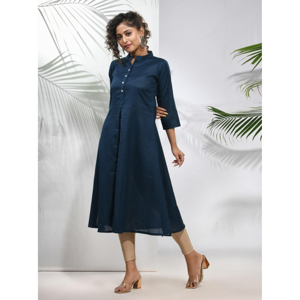 CHARUKRITI Navy Blue Solid Cotton A-Line Kurta