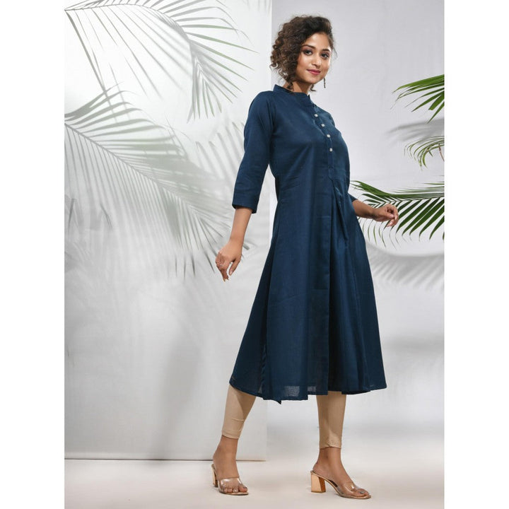 CHARUKRITI Navy Blue Solid Cotton A-Line Kurta