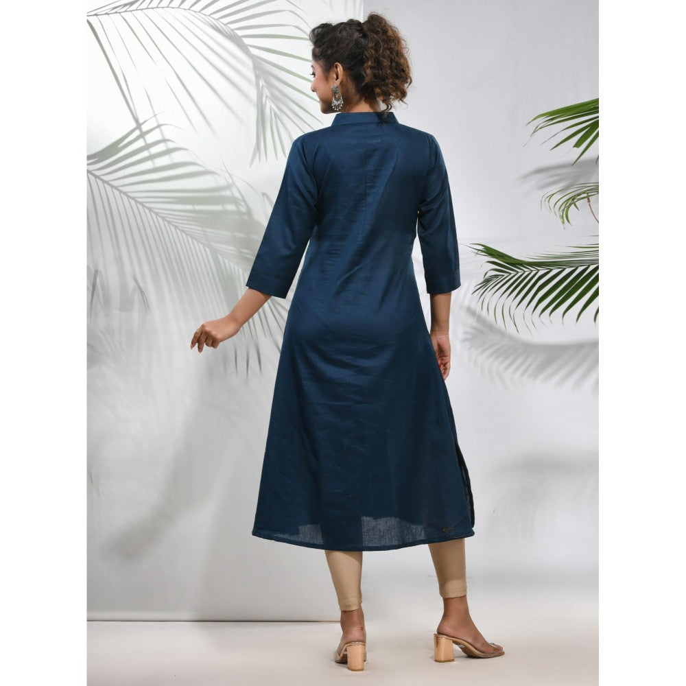 CHARUKRITI Navy Blue Solid Cotton A-Line Kurta