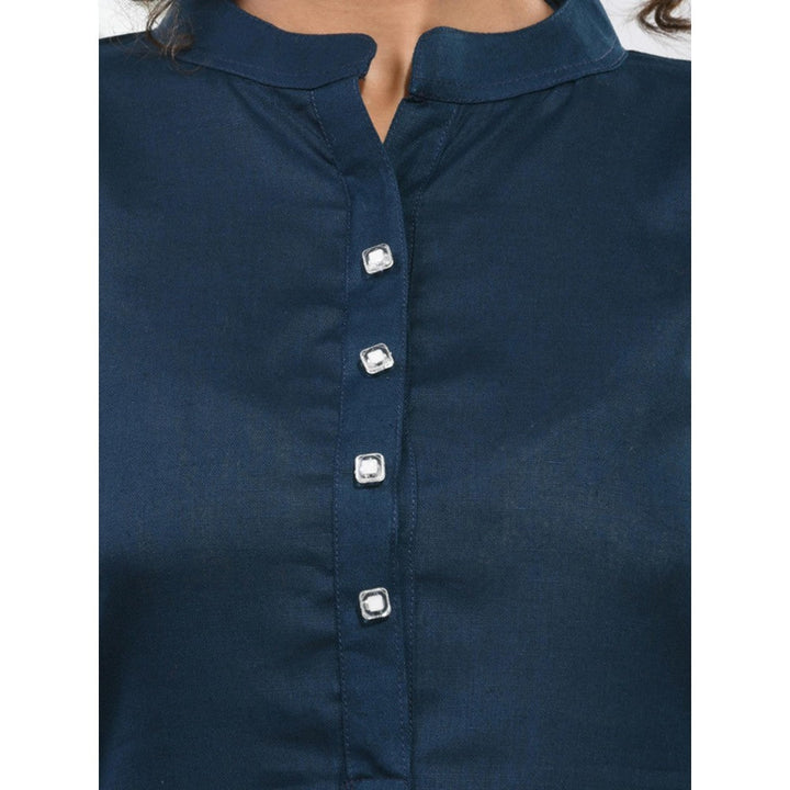 CHARUKRITI Navy Blue Solid Cotton A-Line Kurta