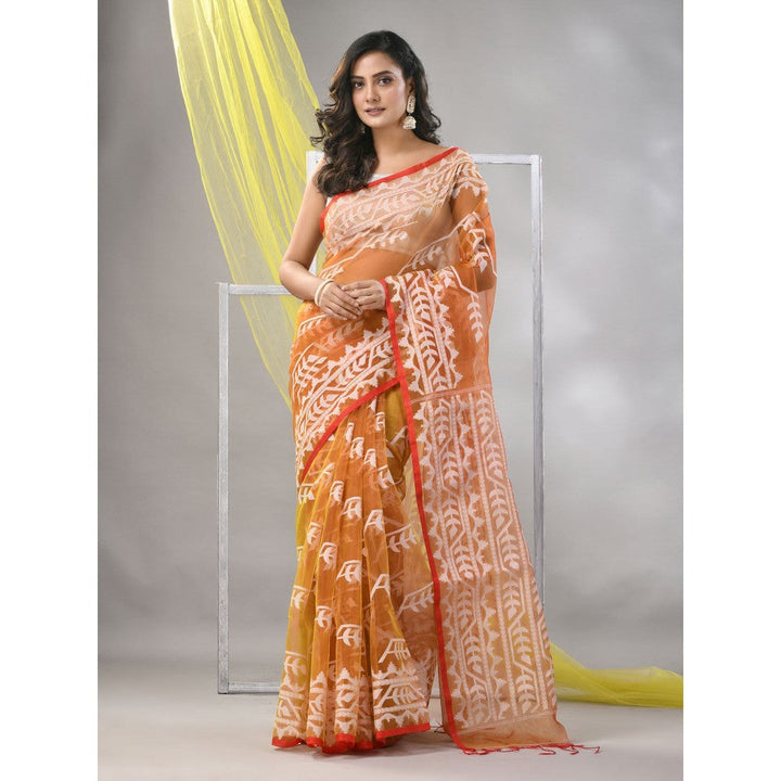 CHARUKRITI Lemon Yellow Muslin Jamdani Designs Saree with Unstitched Blouse