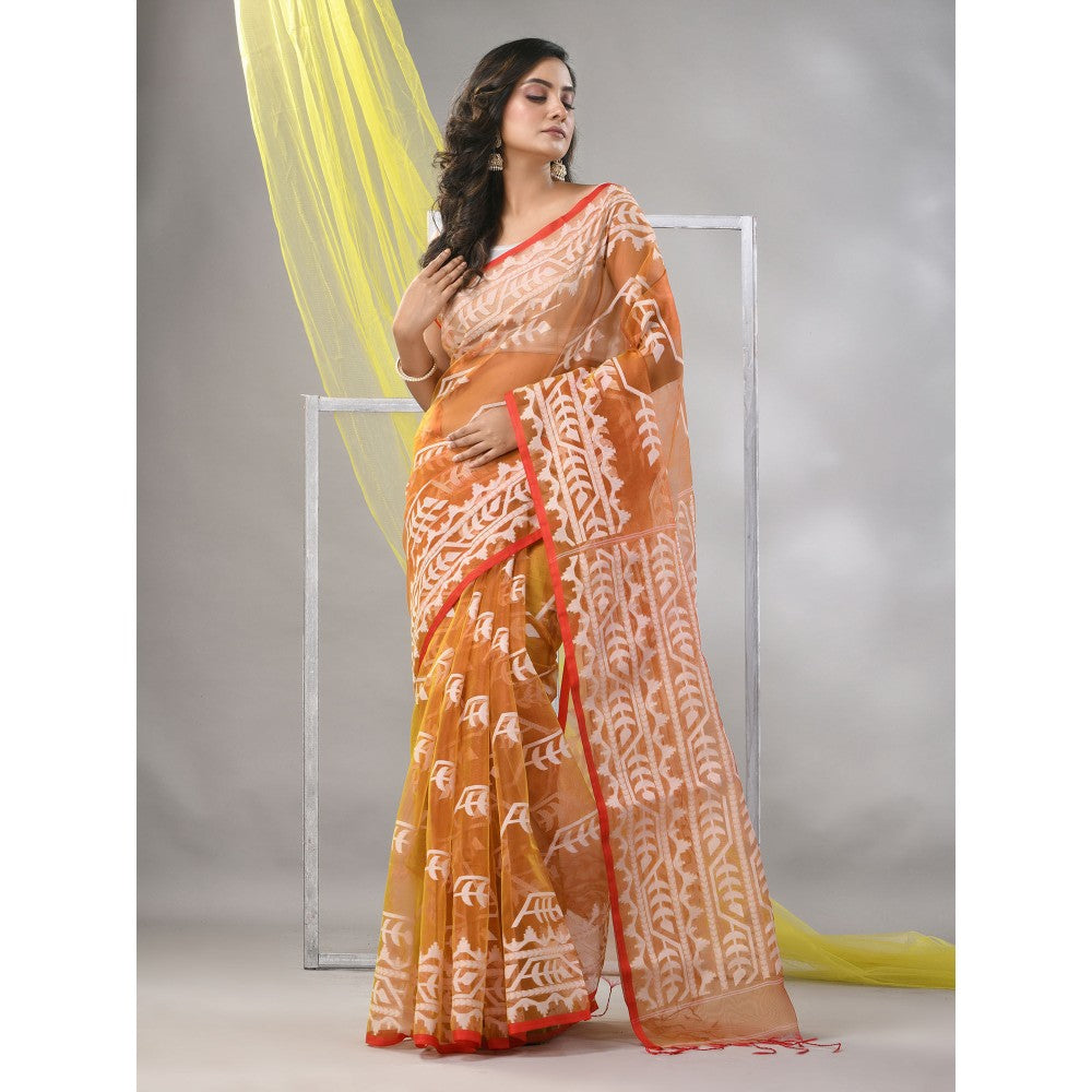 CHARUKRITI Lemon Yellow Muslin Jamdani Designs Saree with Unstitched Blouse