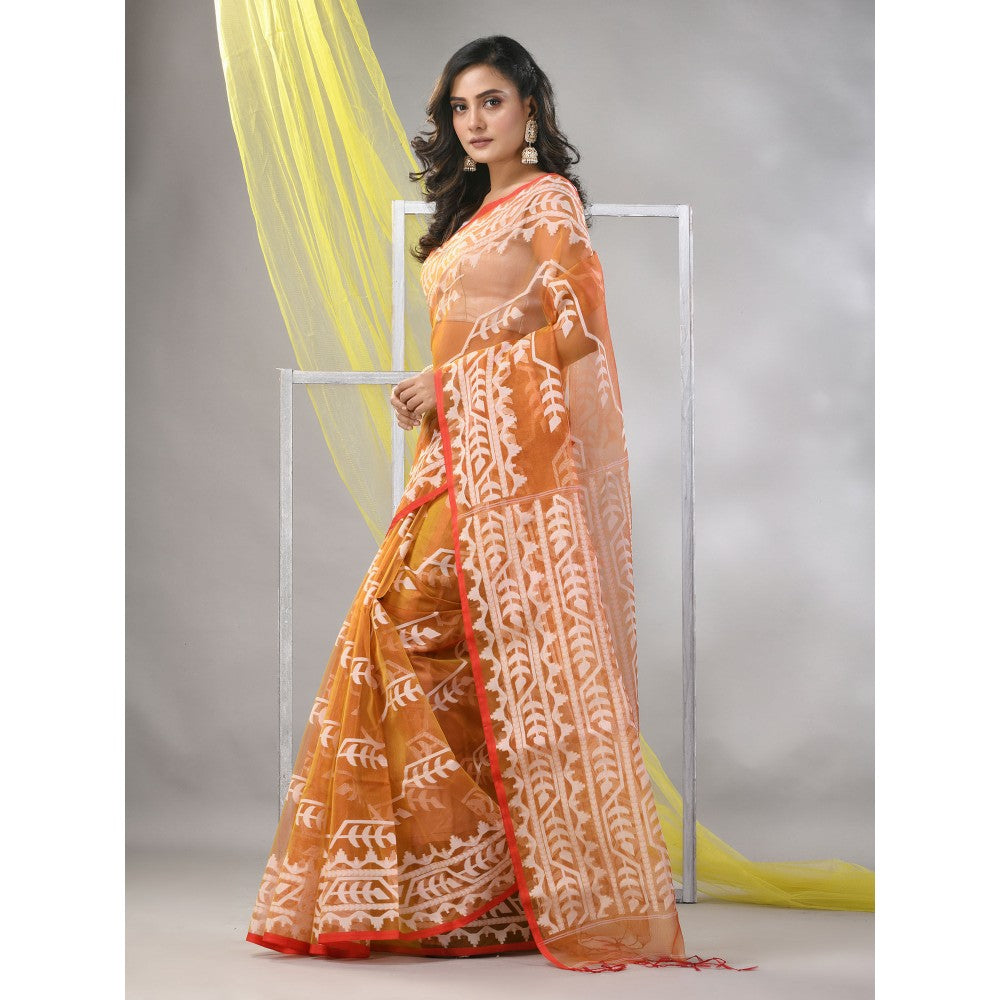 CHARUKRITI Lemon Yellow Muslin Jamdani Designs Saree with Unstitched Blouse