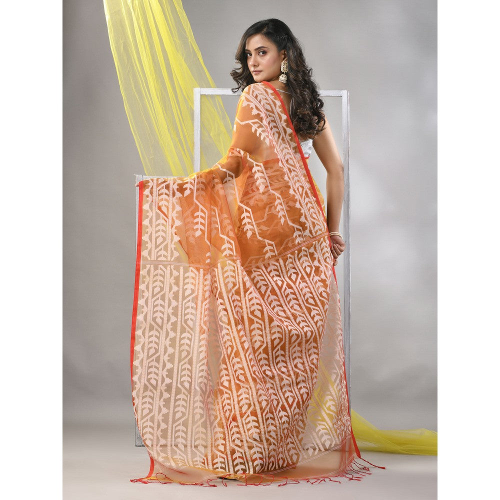 CHARUKRITI Lemon Yellow Muslin Jamdani Designs Saree with Unstitched Blouse