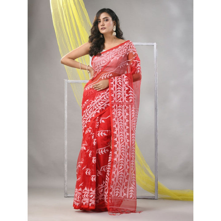 CHARUKRITI Red Muslin Jamdani Designs Saree with Unstitched Blouse