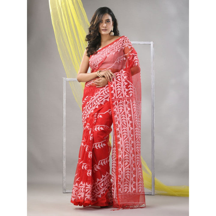 CHARUKRITI Red Muslin Jamdani Designs Saree with Unstitched Blouse