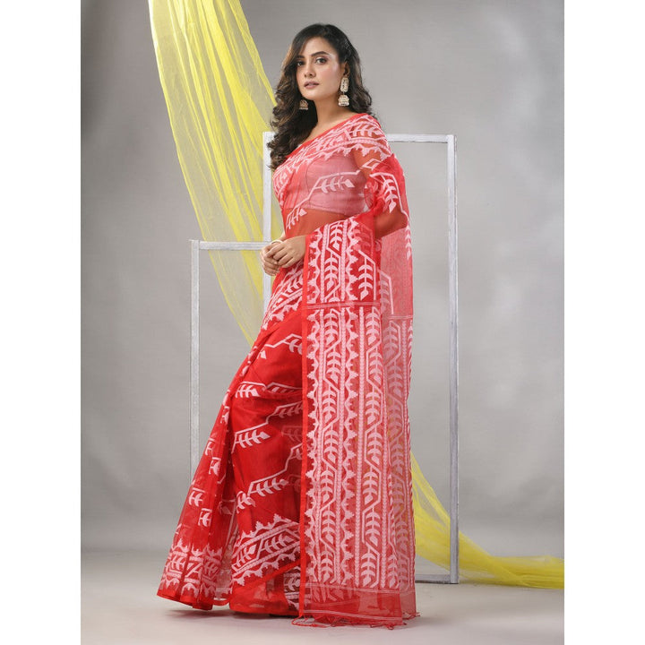 CHARUKRITI Red Muslin Jamdani Designs Saree with Unstitched Blouse