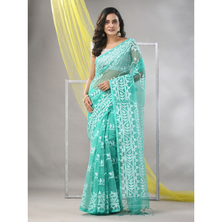 CHARUKRITI Sea Green Muslin Jamdani Designs Saree with Unstitched Blouse