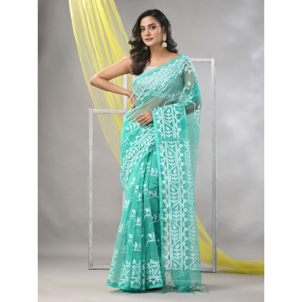 CHARUKRITI Sea Green Muslin Jamdani Designs Saree with Unstitched Blouse