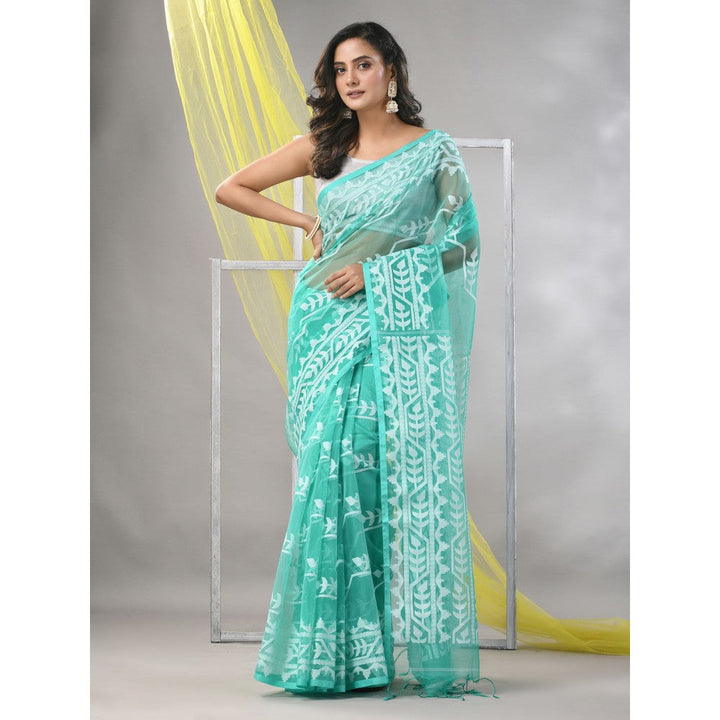 CHARUKRITI Sea Green Muslin Jamdani Designs Saree with Unstitched Blouse