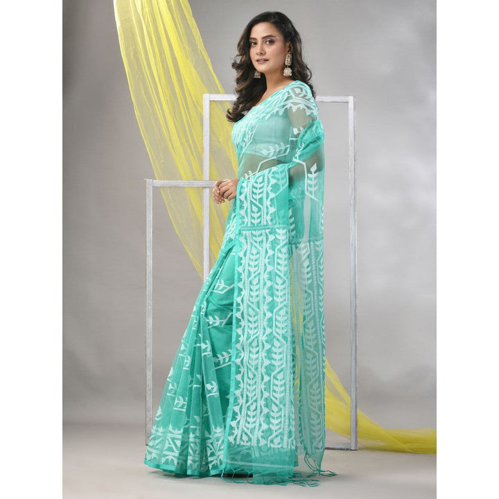 CHARUKRITI Sea Green Muslin Jamdani Designs Saree with Unstitched Blouse