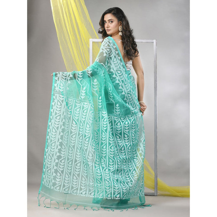 CHARUKRITI Sea Green Muslin Jamdani Designs Saree with Unstitched Blouse