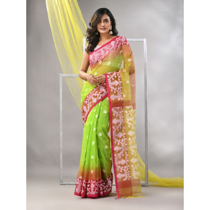 CHARUKRITI Parrot Green Muslin Jamdani Designs Saree with Unstitched Blouse