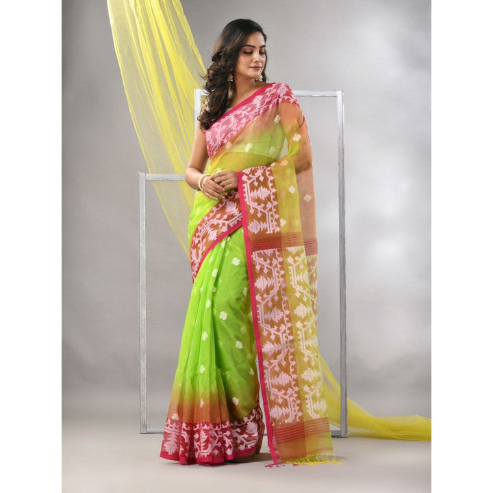 CHARUKRITI Parrot Green Muslin Jamdani Designs Saree with Unstitched Blouse