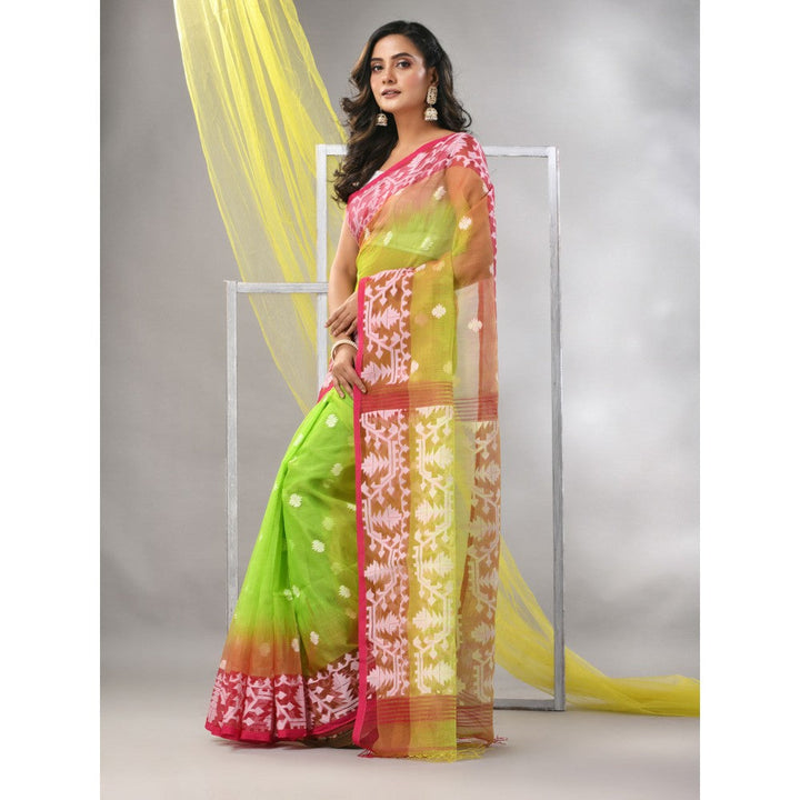 CHARUKRITI Parrot Green Muslin Jamdani Designs Saree with Unstitched Blouse