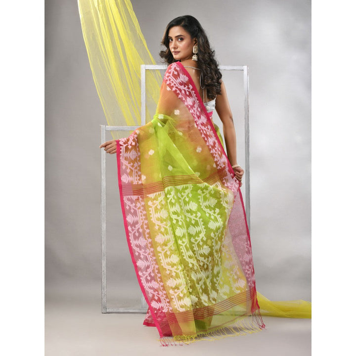 CHARUKRITI Parrot Green Muslin Jamdani Designs Saree with Unstitched Blouse