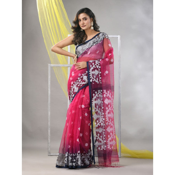 CHARUKRITI Fuchsia Muslin Jamdani Designs Saree with Unstitched Blouse