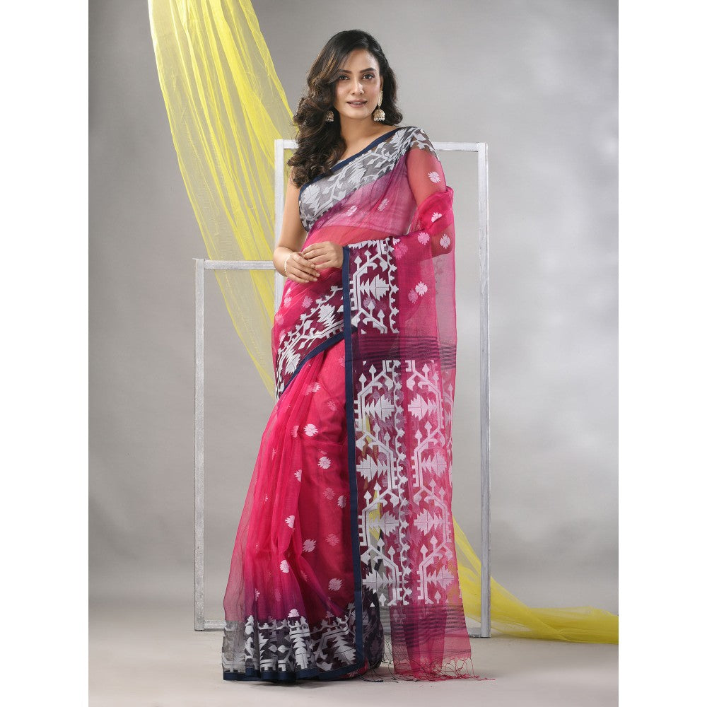 CHARUKRITI Fuchsia Muslin Jamdani Designs Saree with Unstitched Blouse