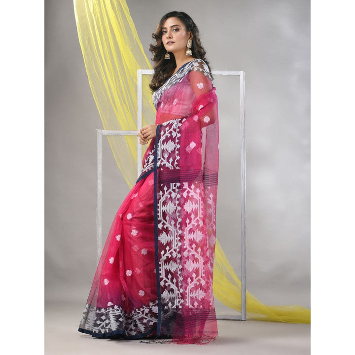 CHARUKRITI Fuchsia Muslin Jamdani Designs Saree with Unstitched Blouse