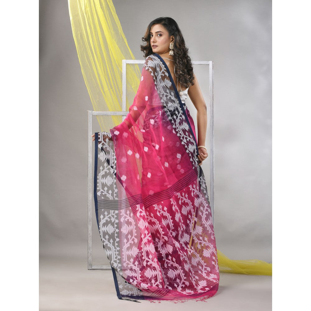 CHARUKRITI Fuchsia Muslin Jamdani Designs Saree with Unstitched Blouse