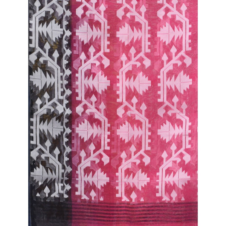 CHARUKRITI Fuchsia Muslin Jamdani Designs Saree with Unstitched Blouse