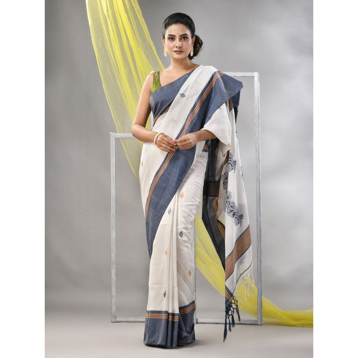 CHARUKRITI Off White Cotton Handspun Soft Leaf Motifs Saree with Unstitched Blouse