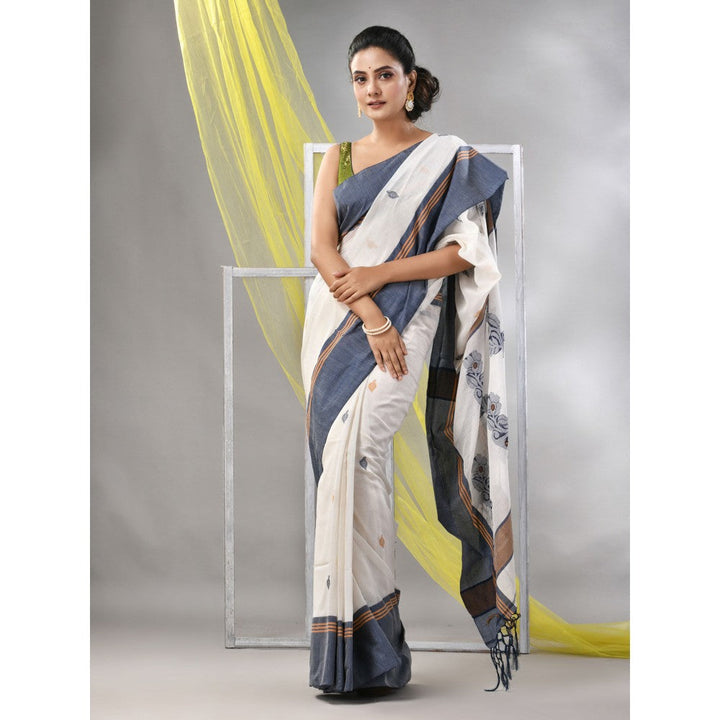 CHARUKRITI Off White Cotton Handspun Soft Leaf Motifs Saree with Unstitched Blouse