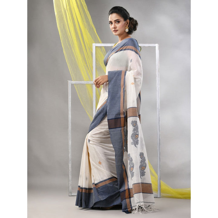 CHARUKRITI Off White Cotton Handspun Soft Leaf Motifs Saree with Unstitched Blouse