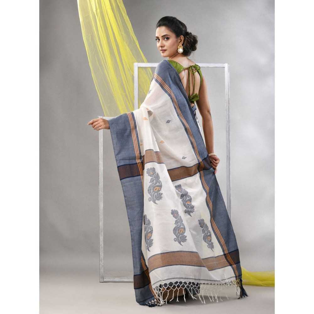 CHARUKRITI Off White Cotton Handspun Soft Leaf Motifs Saree with Unstitched Blouse