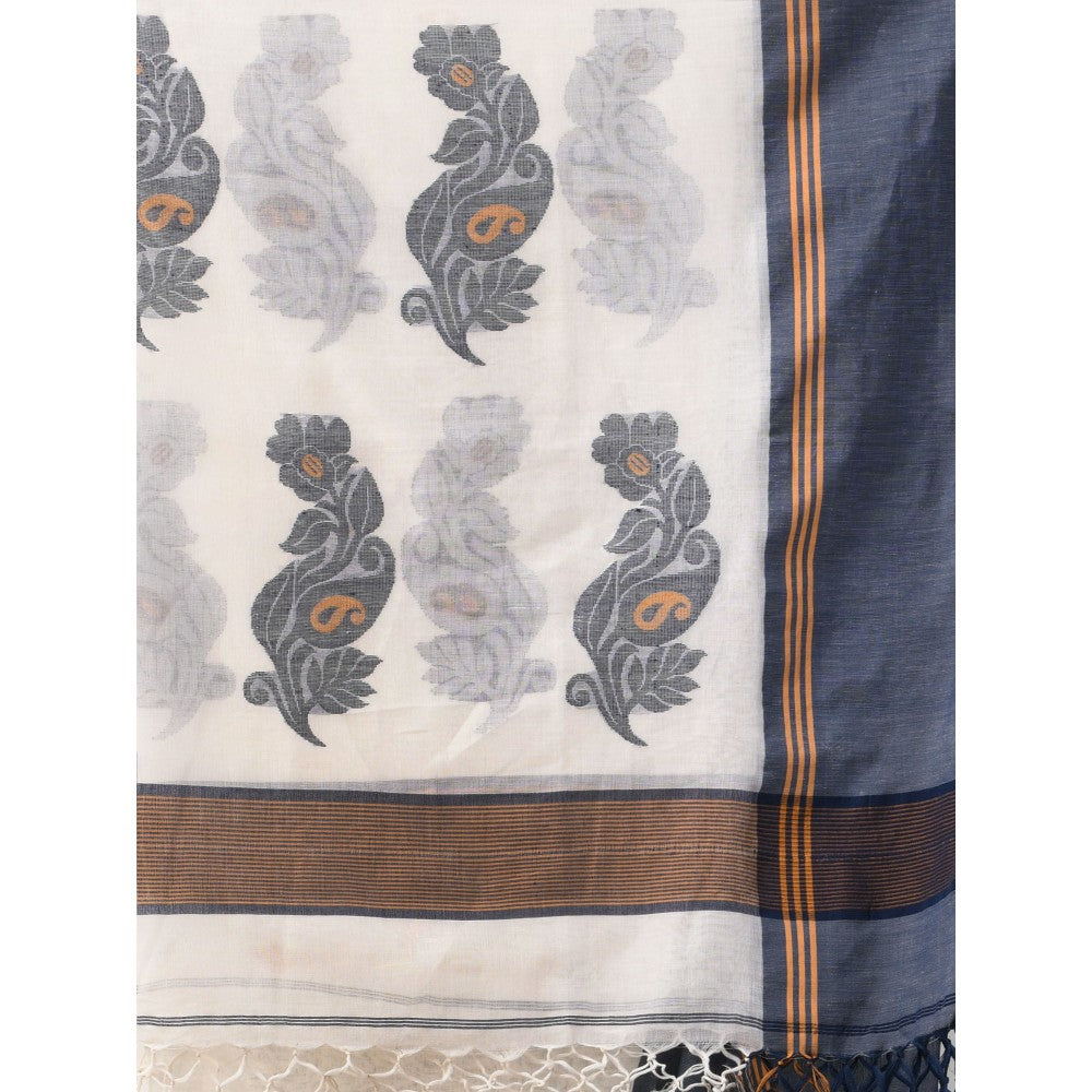 CHARUKRITI Off White Cotton Handspun Soft Leaf Motifs Saree with Unstitched Blouse