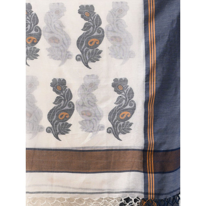 CHARUKRITI Off White Cotton Handspun Soft Leaf Motifs Saree with Unstitched Blouse