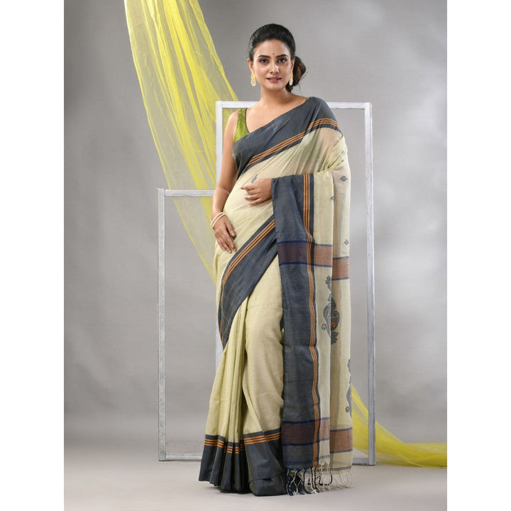 CHARUKRITI Yellow Cotton Handspun Soft Leaf Motifs Saree with Unstitched Blouse