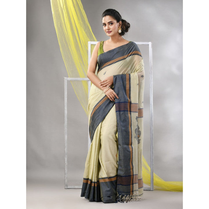 CHARUKRITI Yellow Cotton Handspun Soft Leaf Motifs Saree with Unstitched Blouse