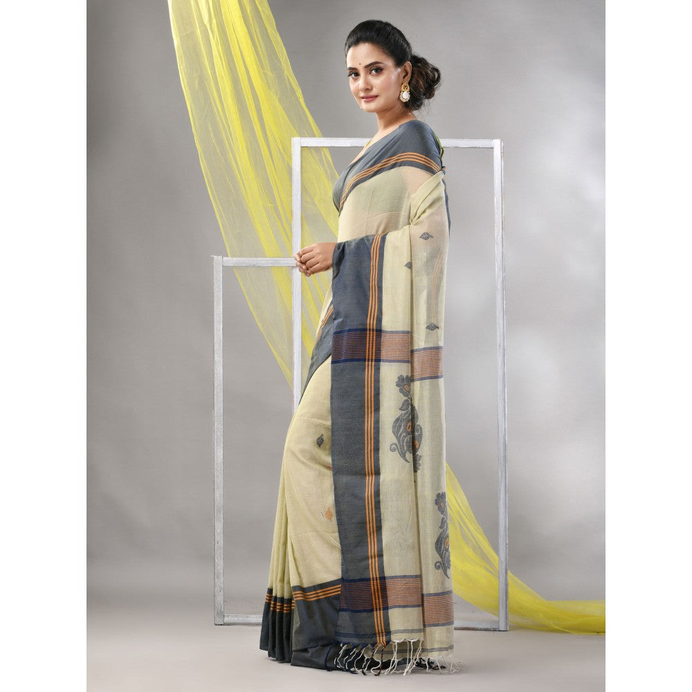 CHARUKRITI Yellow Cotton Handspun Soft Leaf Motifs Saree with Unstitched Blouse